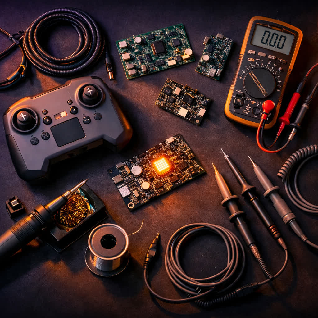 Electronics workspace with drone controller, circuit boards, and testing equipment